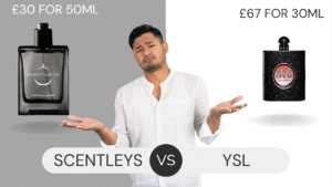Side-by-side comparison of Scentleys Opium Noir (£30 for 50ml) and YSL Black Opium (£67 for 30ml), showing price and bottle visuals

