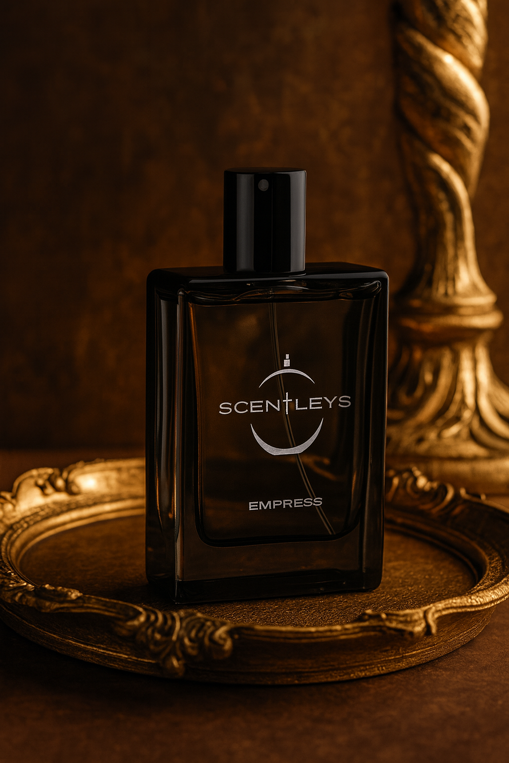 Scentleys Empress perfume – Extrait de Parfum 35–40% – luxury Empressa dupe inspired by Penhaligon’s Empressa on gold ornate tray